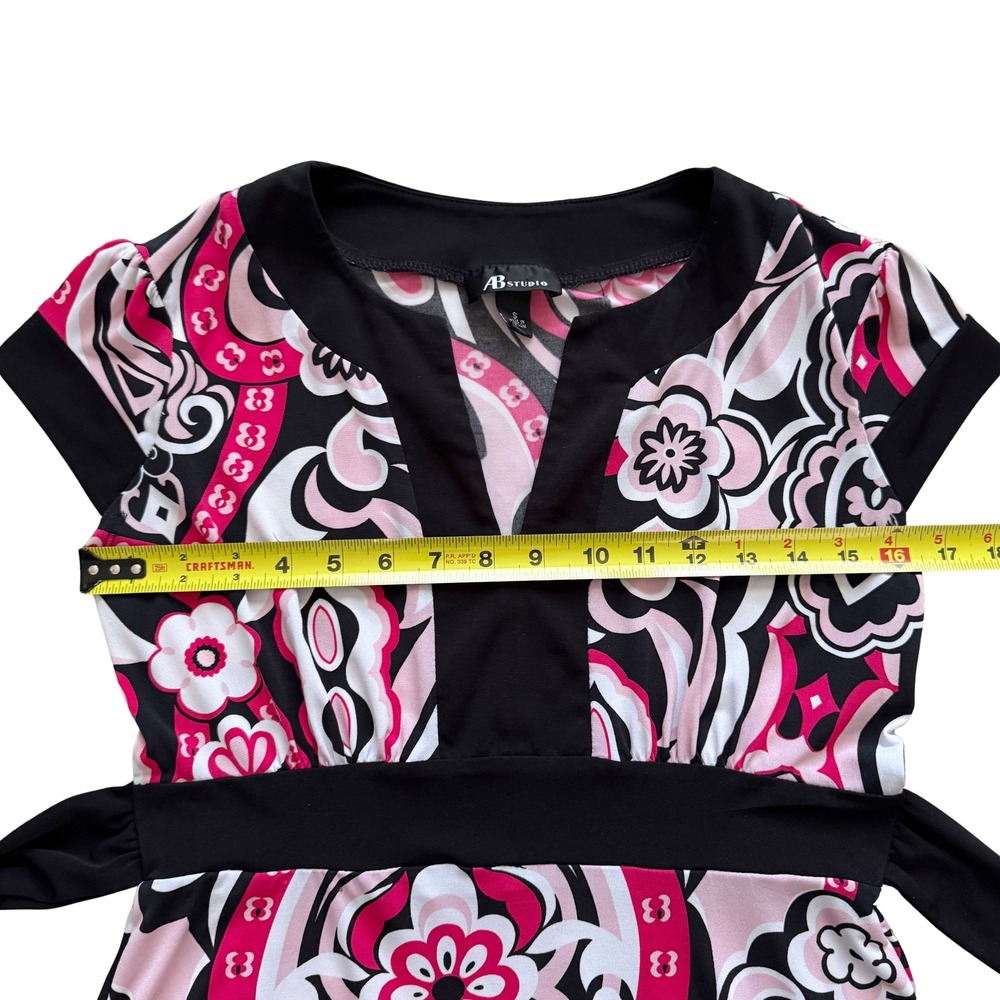 AB studio Women's Size S Black Pink White Floral Y2K Tie Back Babydoll dress - Picture 8 of 13
